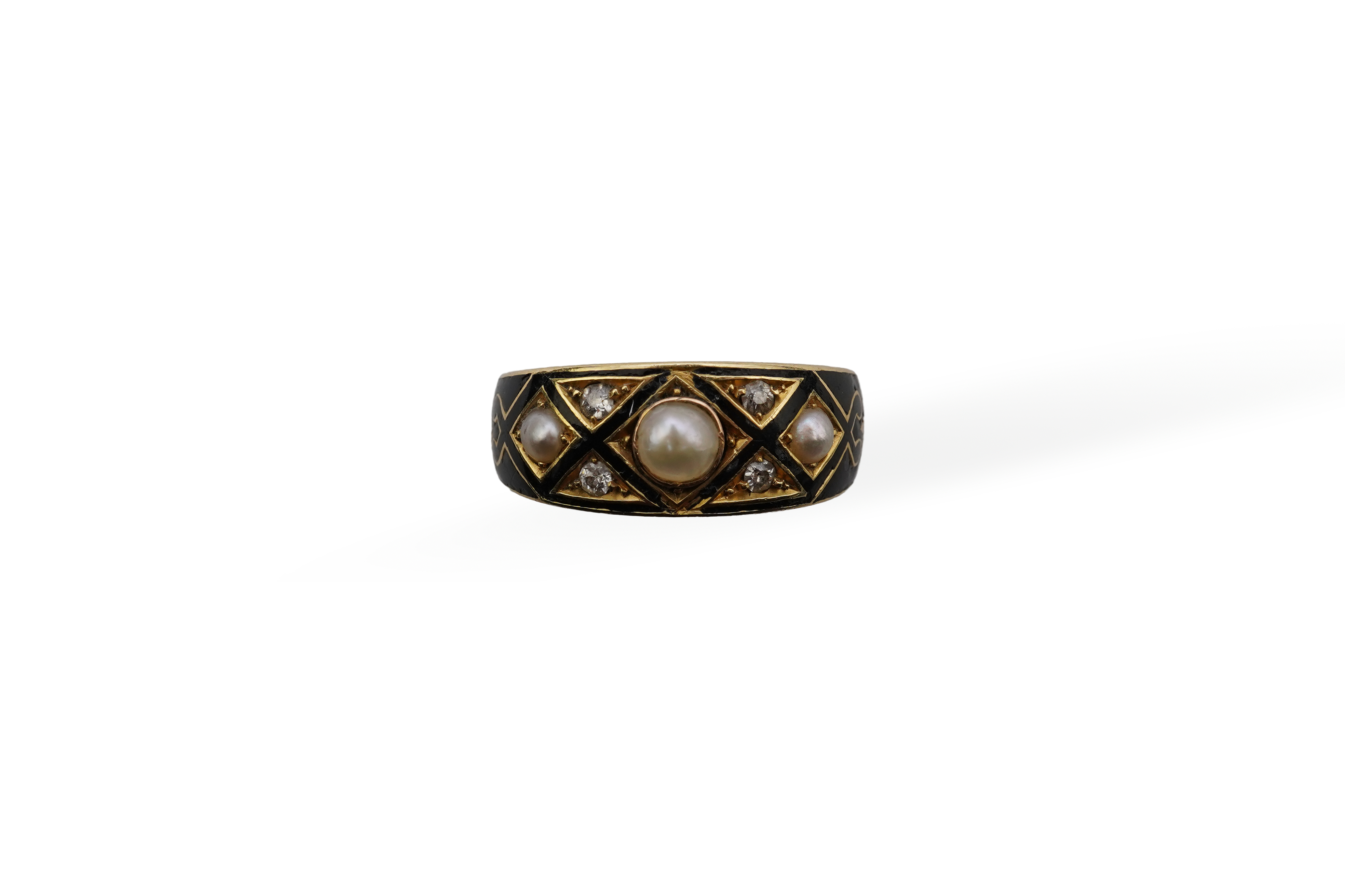 A Victorian pearl, enamel and diamond mourning ring, late 19th century